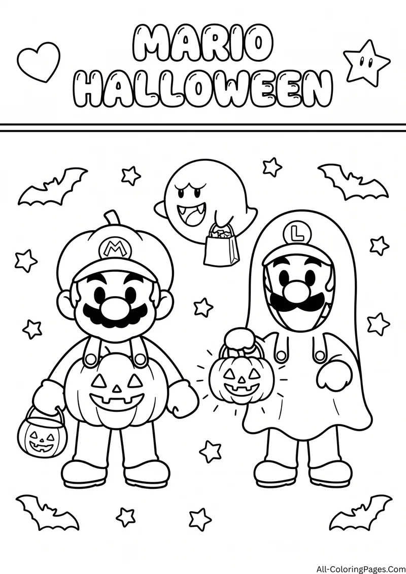 Mario in a pumpkin costume and Luigi in a ghost costume with pumpkin buckets, a Boo and bats, with the title Mario Halloween