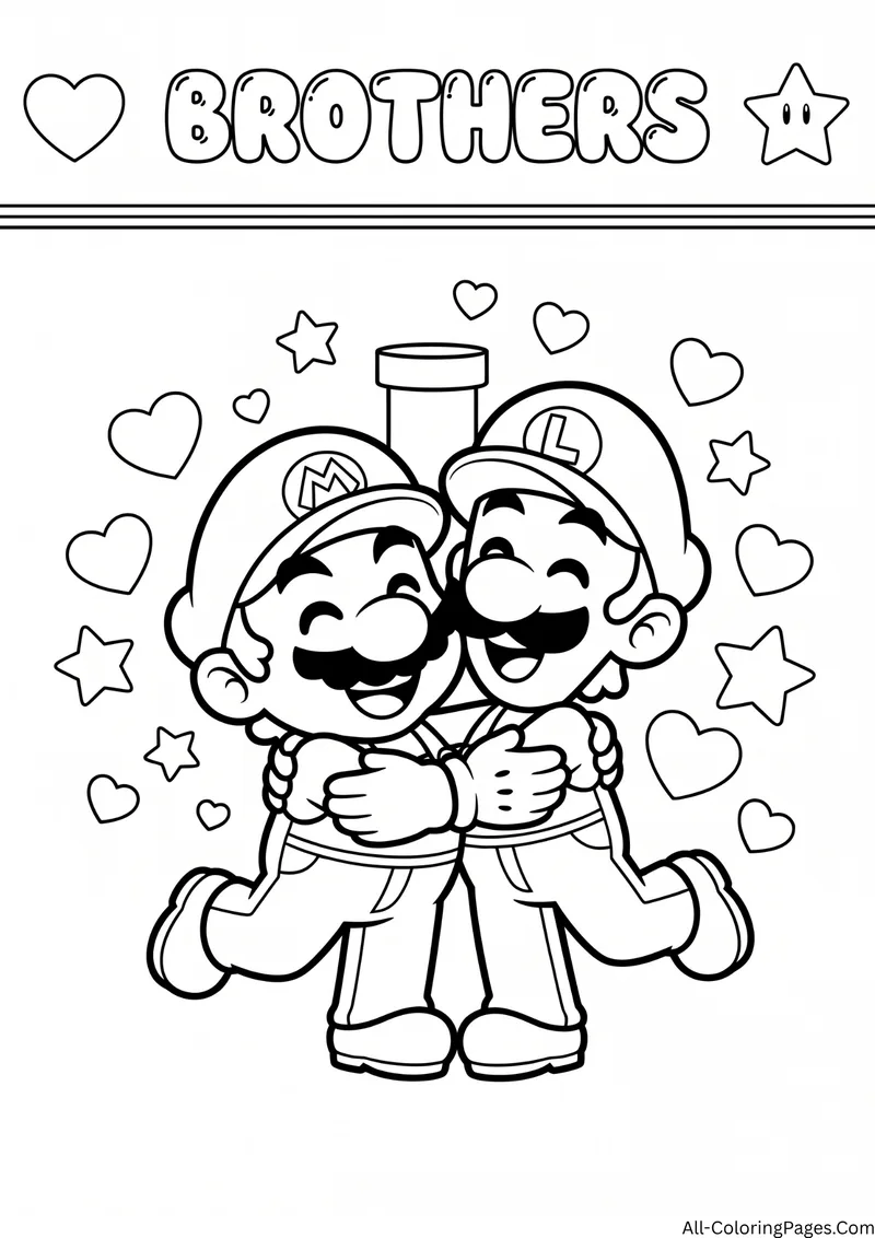 Mario and Luigi hugging in front of a warp pipe with hearts and stars, with the title Brothers