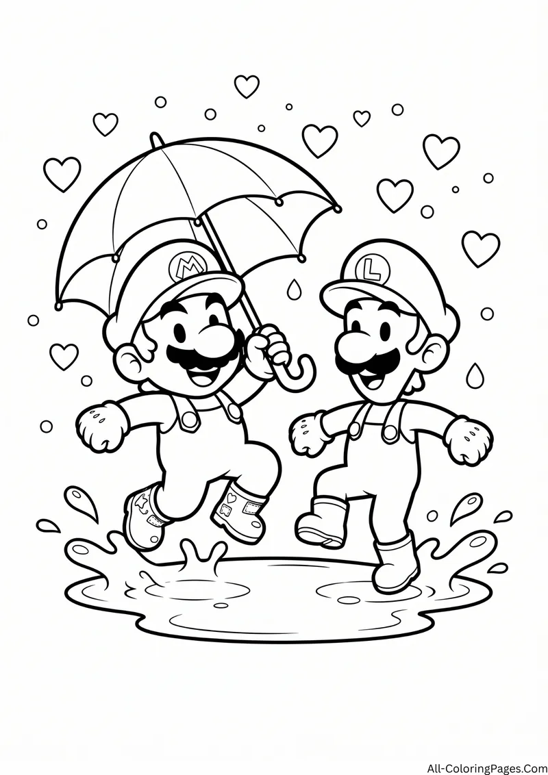 Mario and Luigi splashing in a puddle under an umbrella with raindrops and hearts