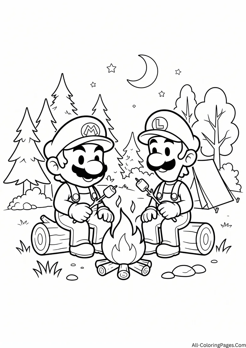 Mario and Luigi roasting marshmallows around a campfire with a tent, trees and a crescent moon