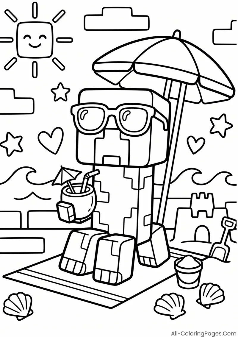 A Creeper in sunglasses relaxing under a beach umbrella with a drink