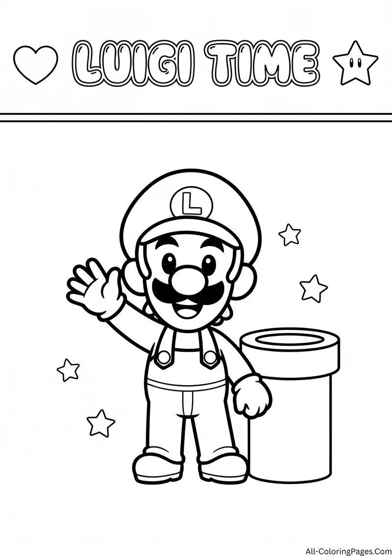 Luigi waving beside a warp pipe with stars, with the title Luigi Time