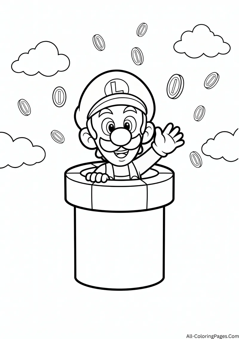 Luigi popping out of a warp pipe with coins and clouds around him