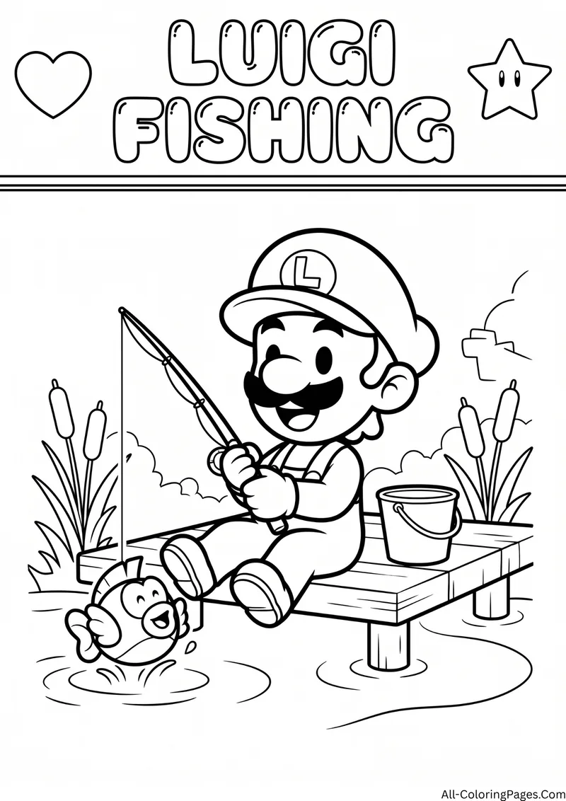 Luigi fishing from a wooden dock with a bucket, cattails and a fish jumping, with the title Luigi Fishing