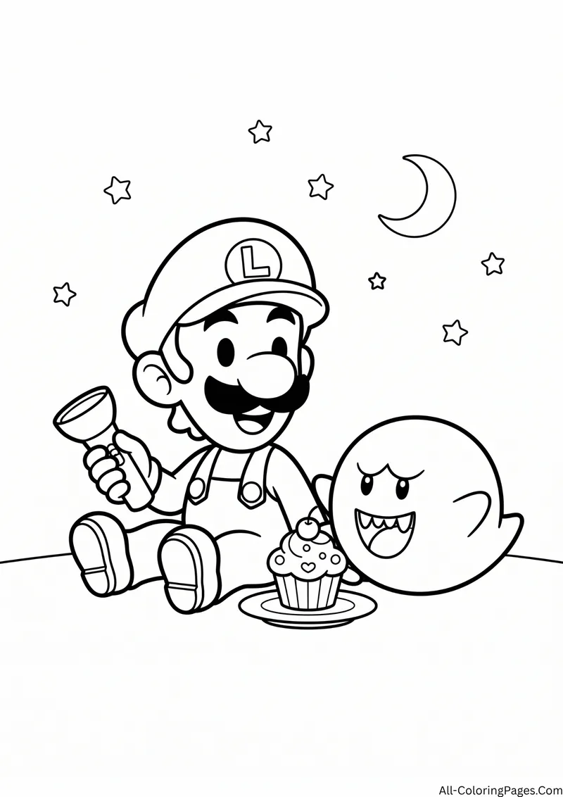 Luigi sitting with a lantern and a cupcake beside a grinning Boo under the moon and stars