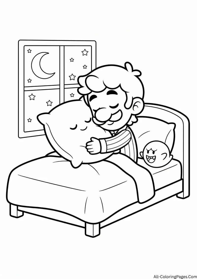 Luigi sleeping in bed hugging a pillow with a small Boo and a window with a moon and stars