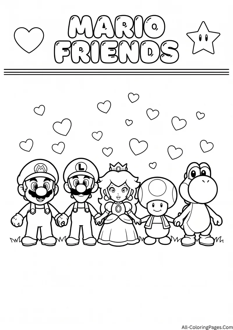 Mario, Luigi, Princess Peach, Toad and Yoshi holding hands in a row with hearts above, with the title Mario Friends
