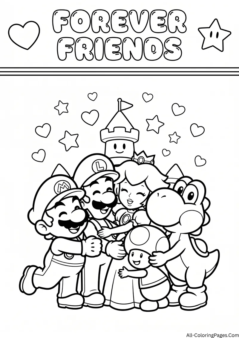 Mario, Luigi, Princess Peach, Toad and Yoshi in a group hug in front of a castle with hearts and stars, with the title Forever Friends