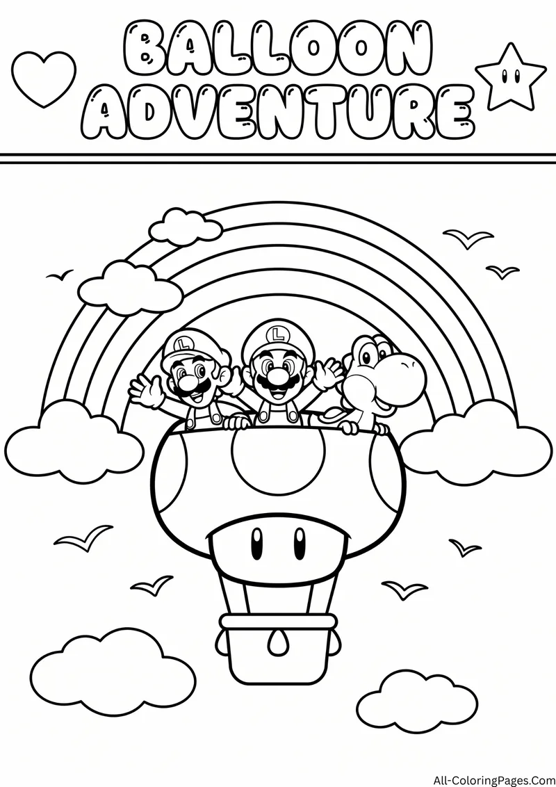 Mario, Luigi and Yoshi riding a mushroom hot air balloon under a rainbow with clouds and birds, with the title Balloon Adventure