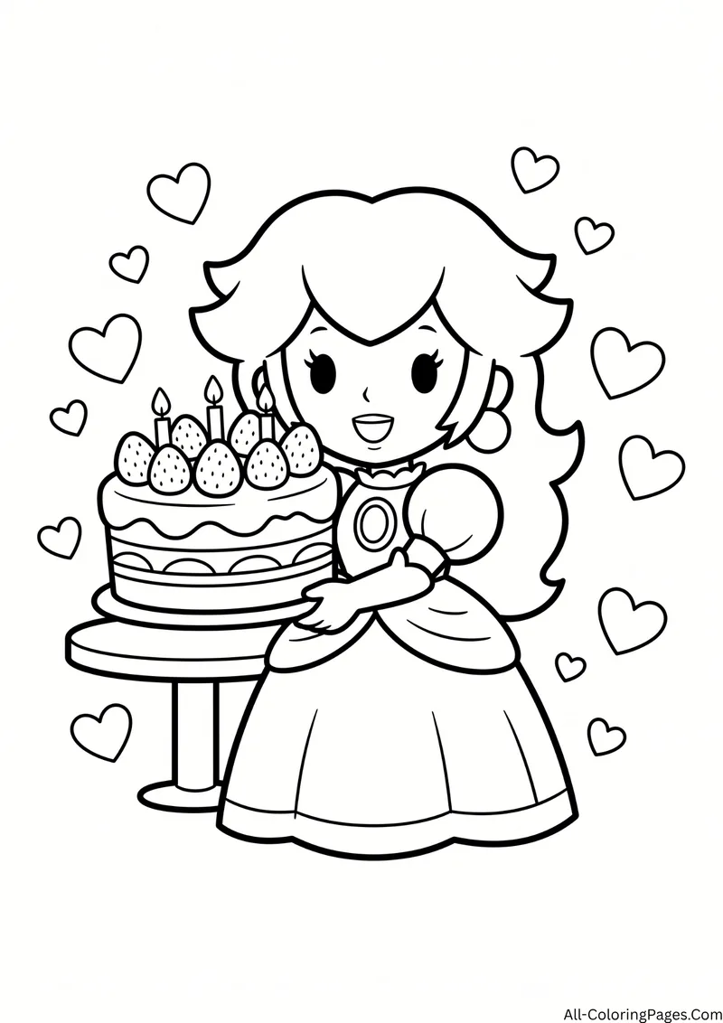 Princess Peach standing beside a tall strawberry cake surrounded by hearts