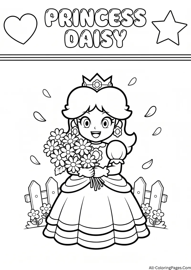 Princess Daisy in a gown holding a large bouquet of flowers beside a fence, with the title Princess Daisy