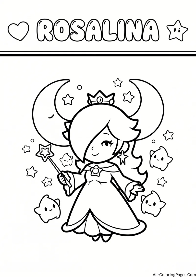 Rosalina holding a star wand with Lumas, a crescent moon and stars, with the title Rosalina