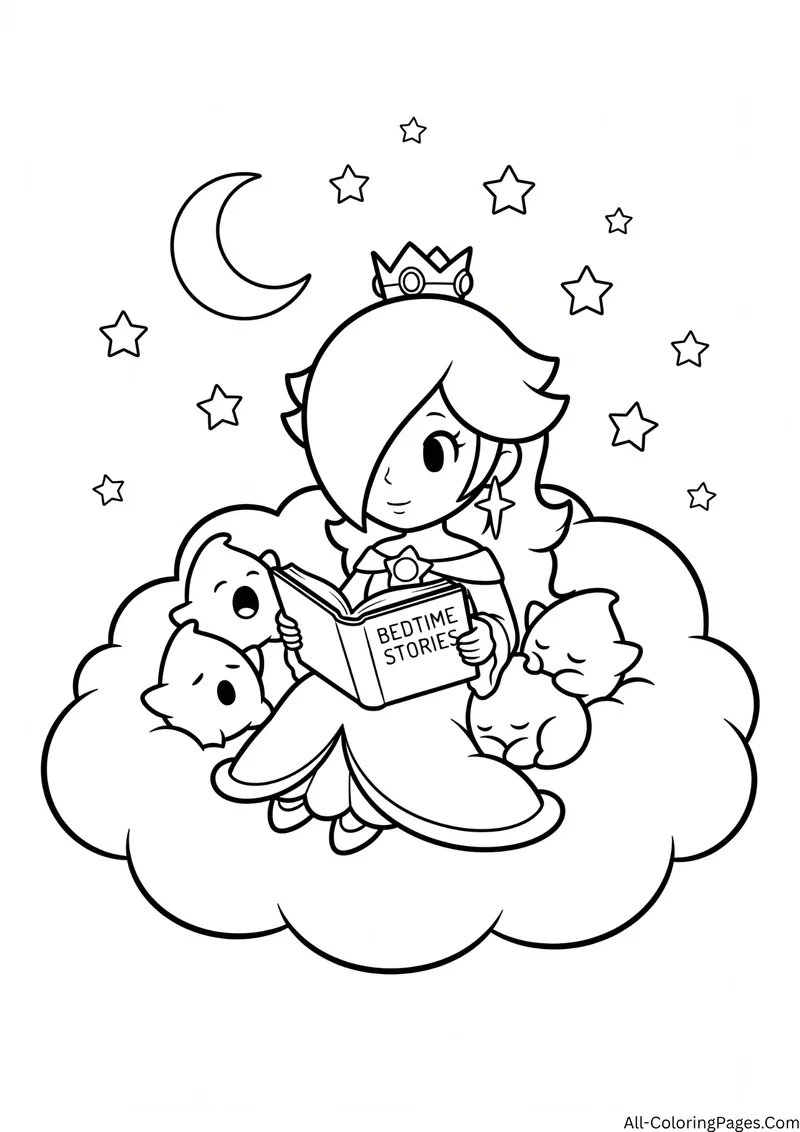 Rosalina reading a book titled Bedtime Stories to Lumas on a cloud under the moon and stars
