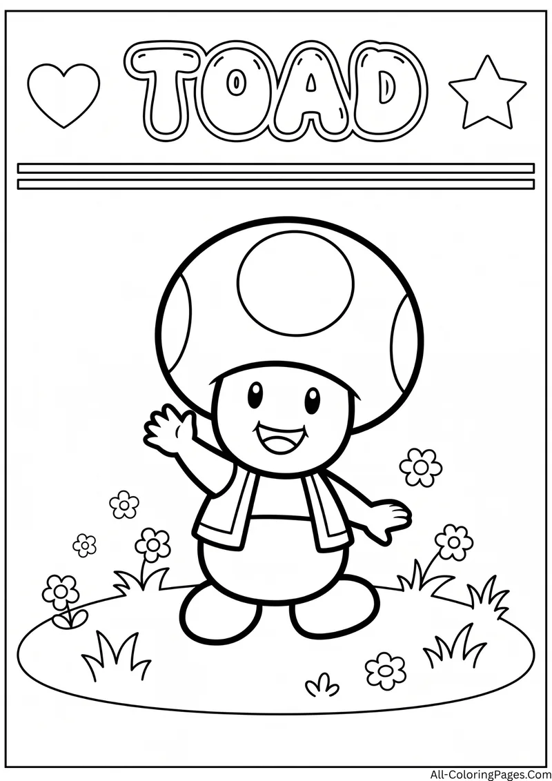 Toad waving on a grassy meadow with flowers, with the title Toad