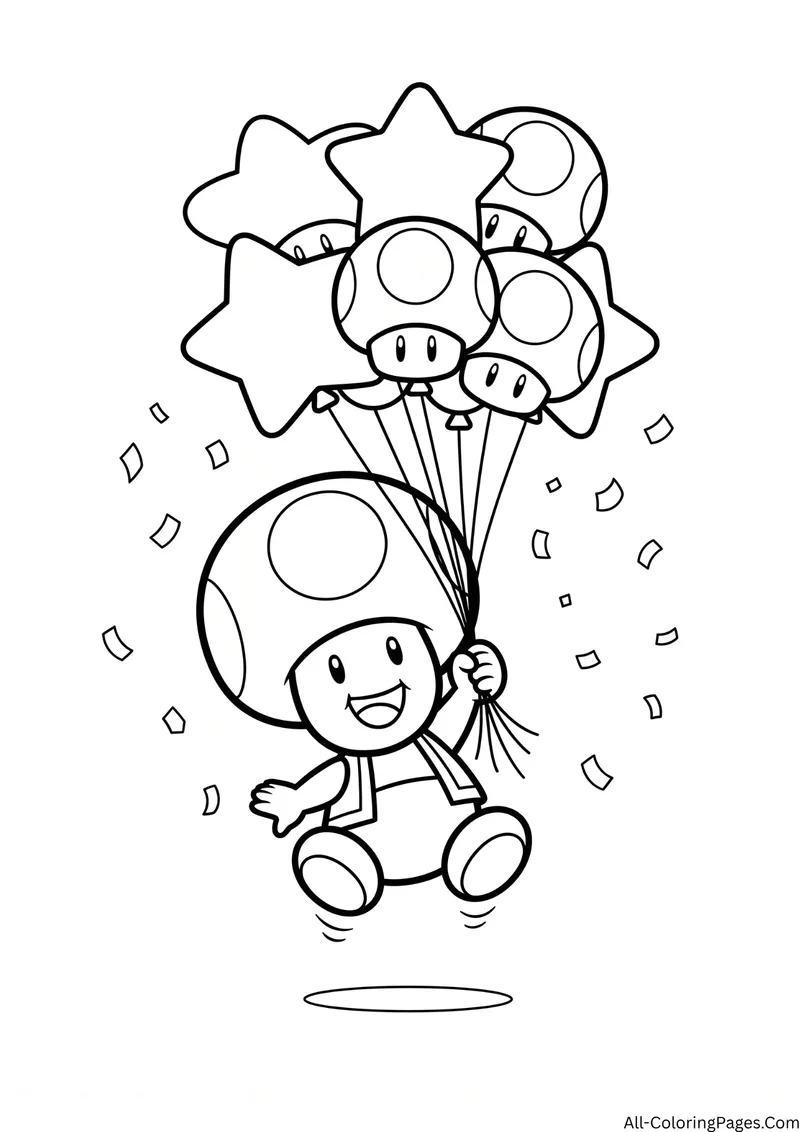 Toad floating with a bunch of star and mushroom shaped balloons among confetti