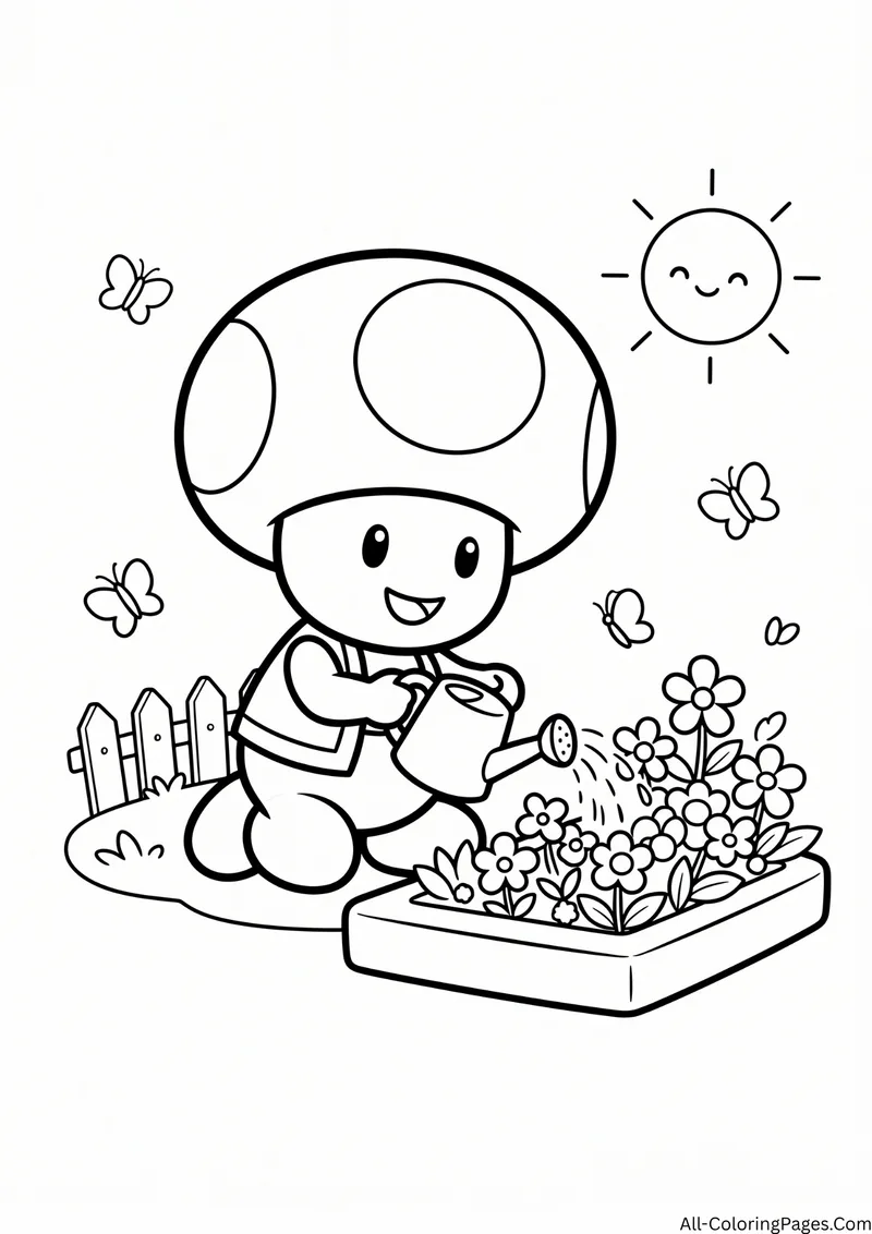 Toad watering a flower box with butterflies, a fence and a smiling sun