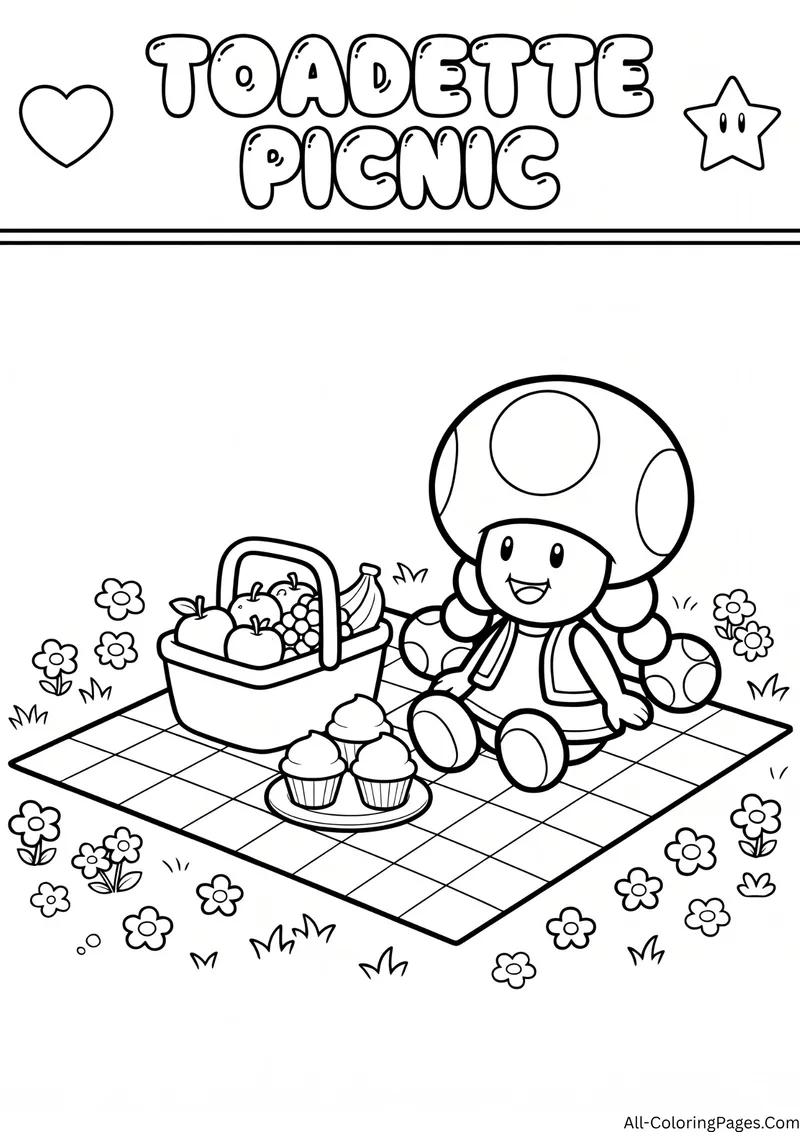 Toadette sitting on a picnic blanket with a basket of fruit and cupcakes among flowers, with the title Toadette Picnic