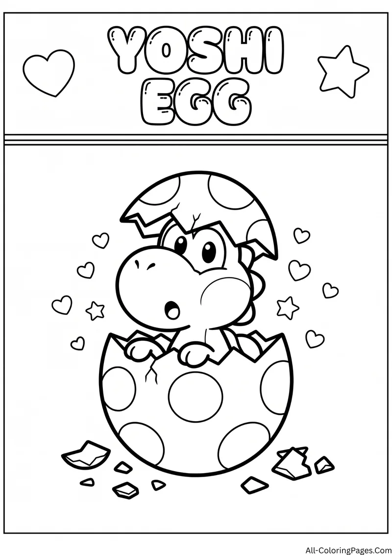 Baby Yoshi hatching from a spotted egg with shell pieces and hearts, with the title Yoshi Egg