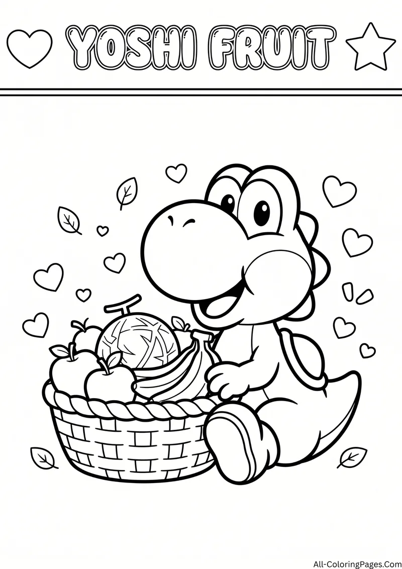 Yoshi sitting beside a basket of fruit with hearts and leaves, with the title Yoshi Fruit