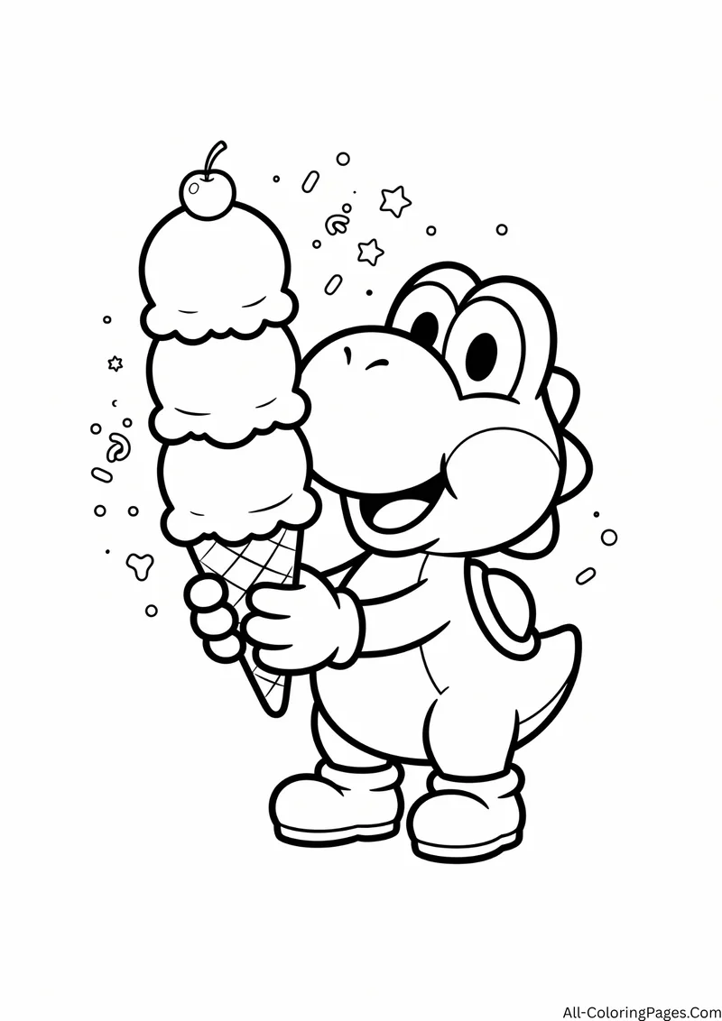 Yoshi holding a tall ice cream cone with three scoops and a cherry among stars