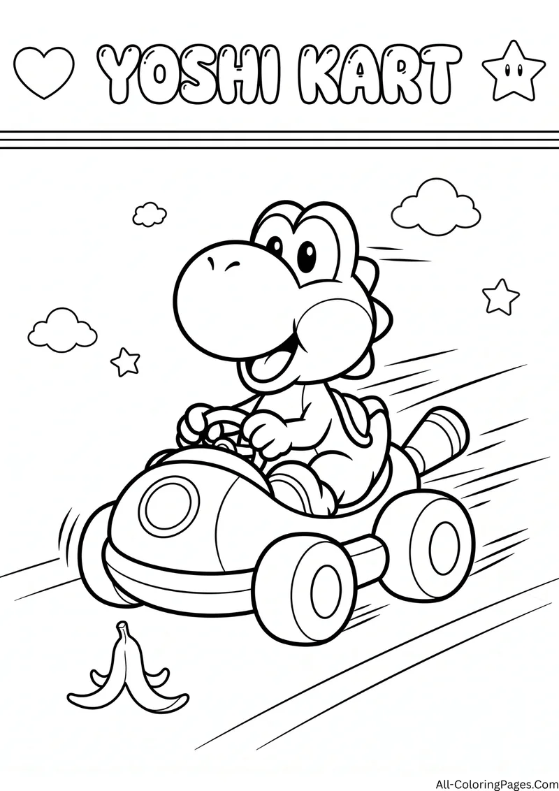 Yoshi driving a go kart with speed lines past a banana peel, with the title Yoshi Kart