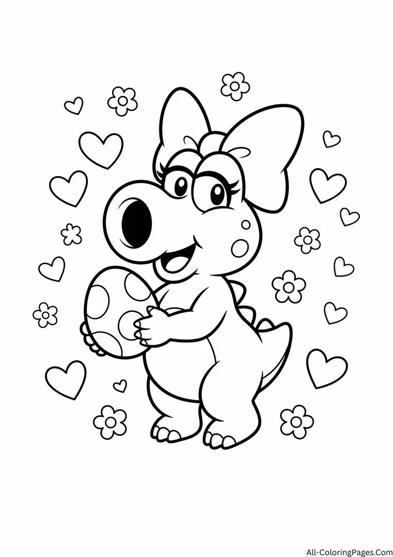 Birdo with a bow hugging a spotted egg among hearts and flowers