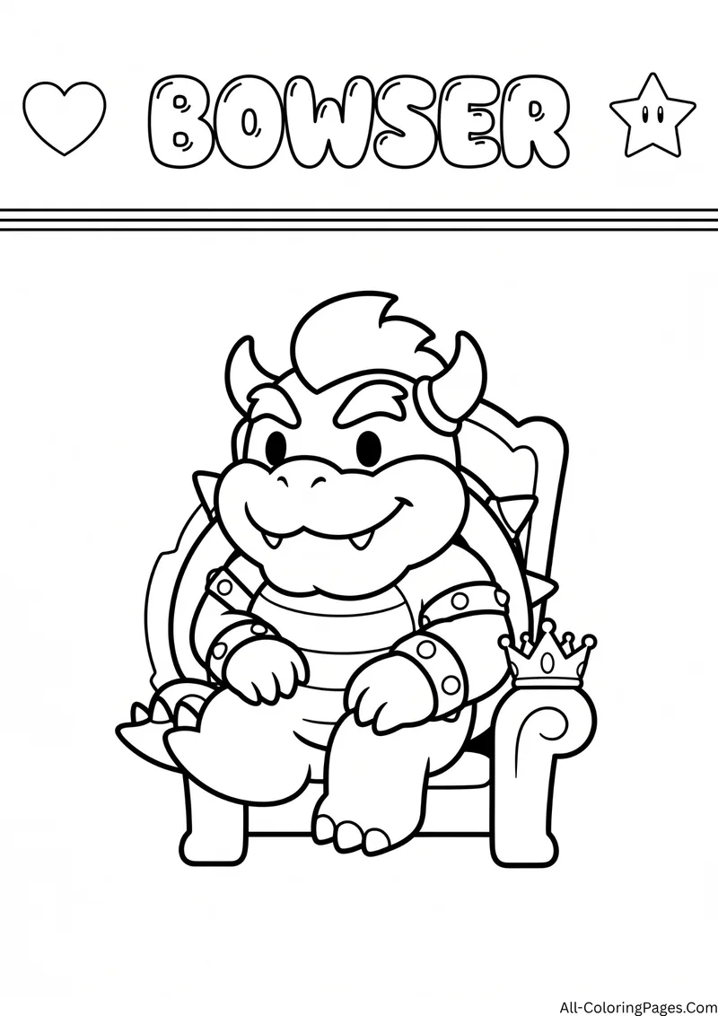 Bowser sitting on a throne with a crown beside him, with the title Bowser