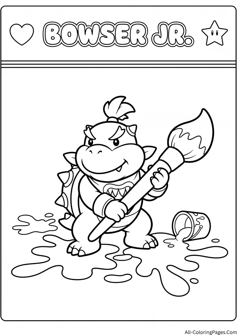 Bowser Jr. holding a giant paintbrush with paint splats and a spilled paint can, with the title Bowser Jr.
