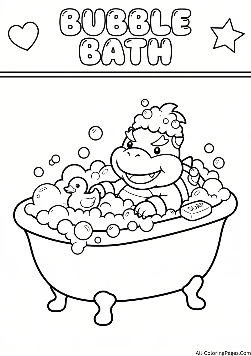 Bowser Jr. in a clawfoot bathtub full of bubbles with a rubber duck and soap, with the title Bubble Bath