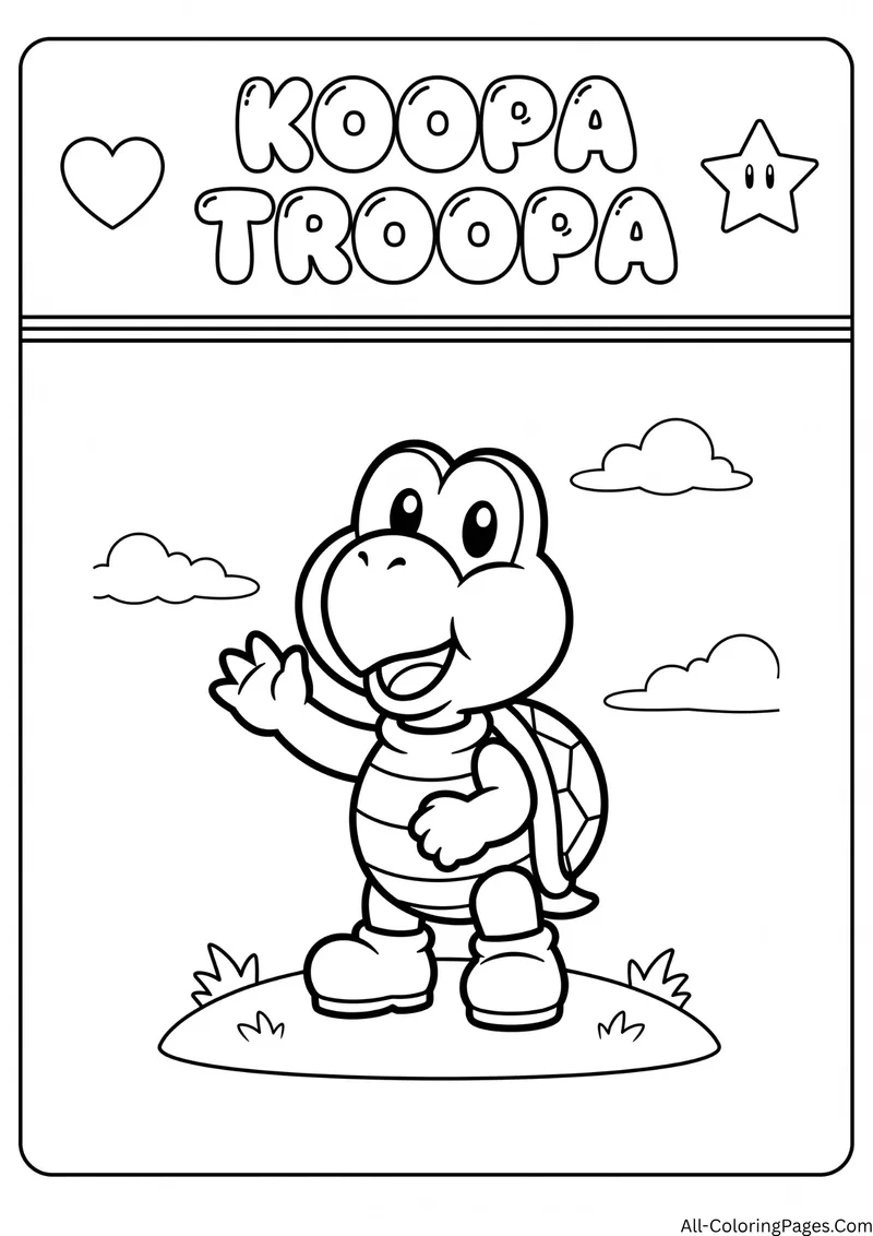 Koopa Troopa waving on a small hill with clouds, with the title Koopa Troopa