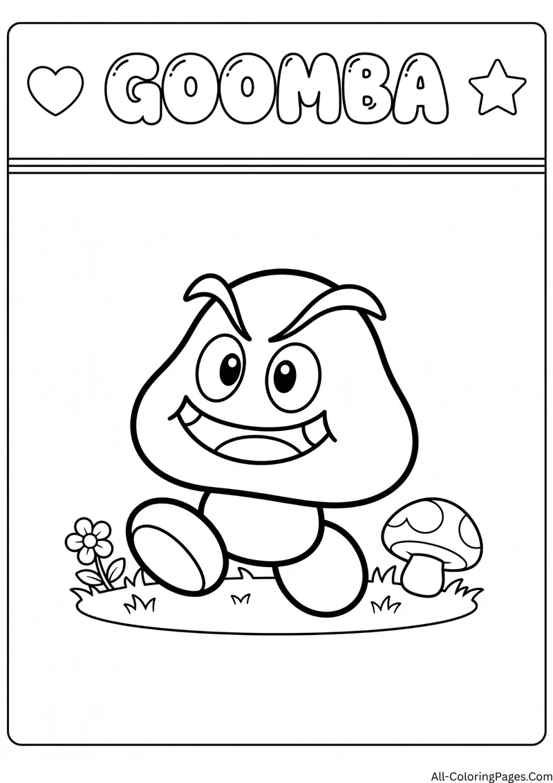 Goomba walking on grass beside a flower and a small mushroom, with the title Goomba