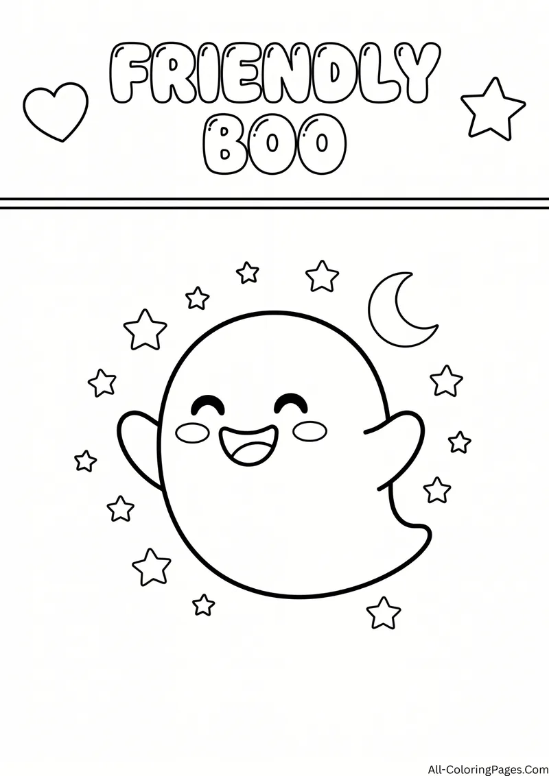 Smiling Boo ghost floating among stars and a crescent moon, with the title Friendly Boo