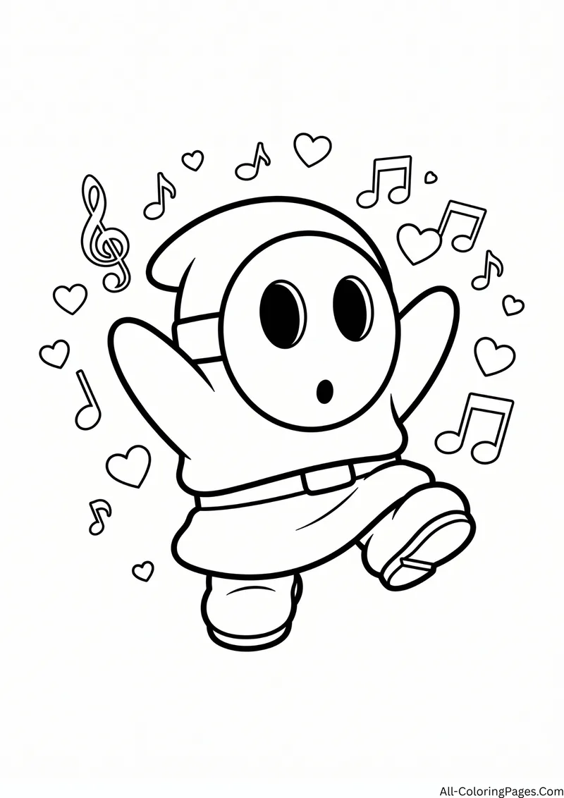 Shy Guy dancing with music notes and hearts around him