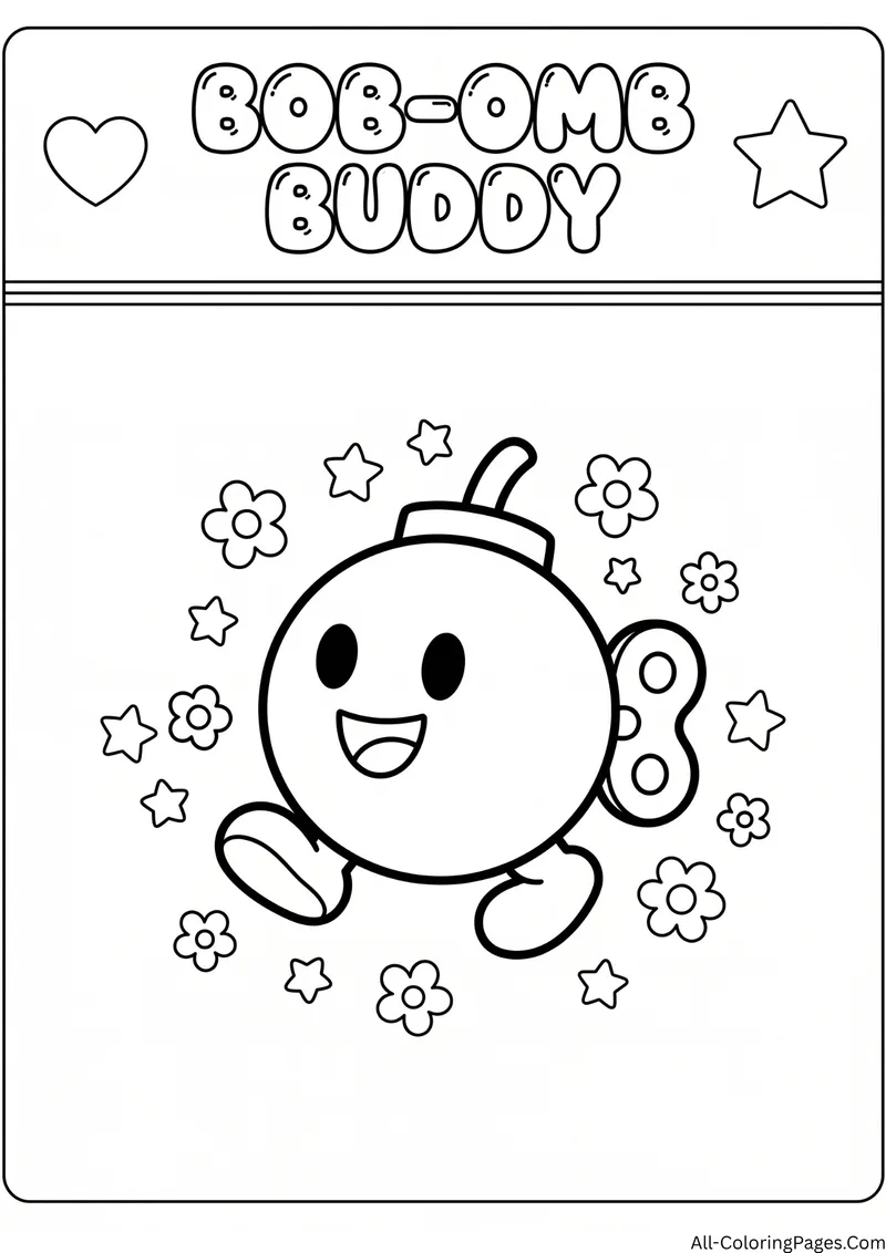 Smiling Bob omb with a windup key walking among flowers and stars, with the title Bob omb Buddy