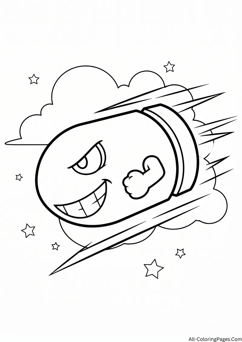 Bullet Bill flying through the sky with speed lines, clouds and stars