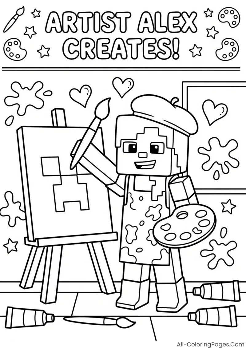 Alex holding a brush and palette beside a Creeper painting on an easel
