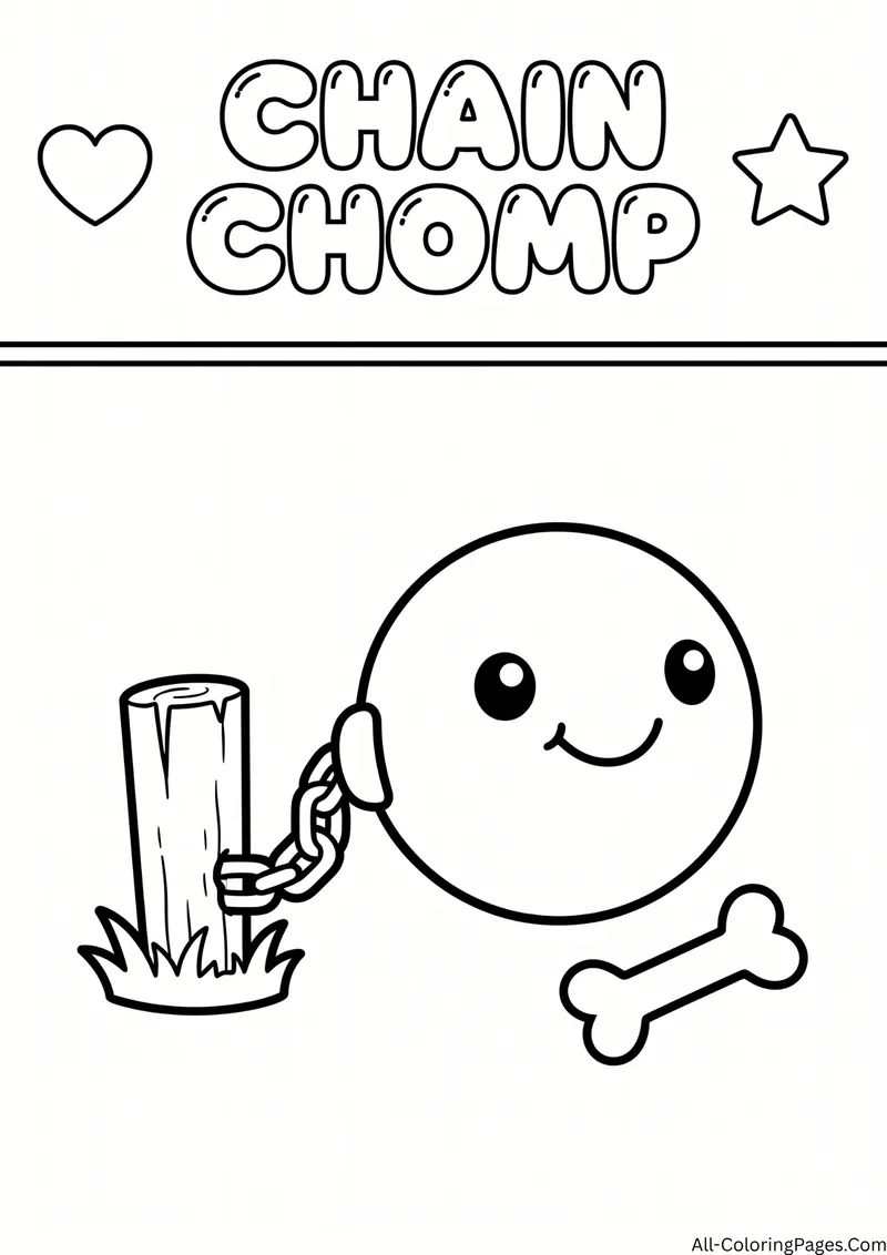 Round smiling Chain Chomp chained to a wooden post with a bone, with the title Chain Chomp