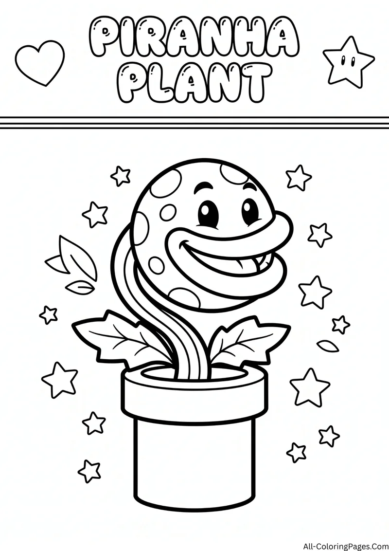 Smiling Piranha Plant with spots growing out of a pipe among stars, with the title Piranha Plant