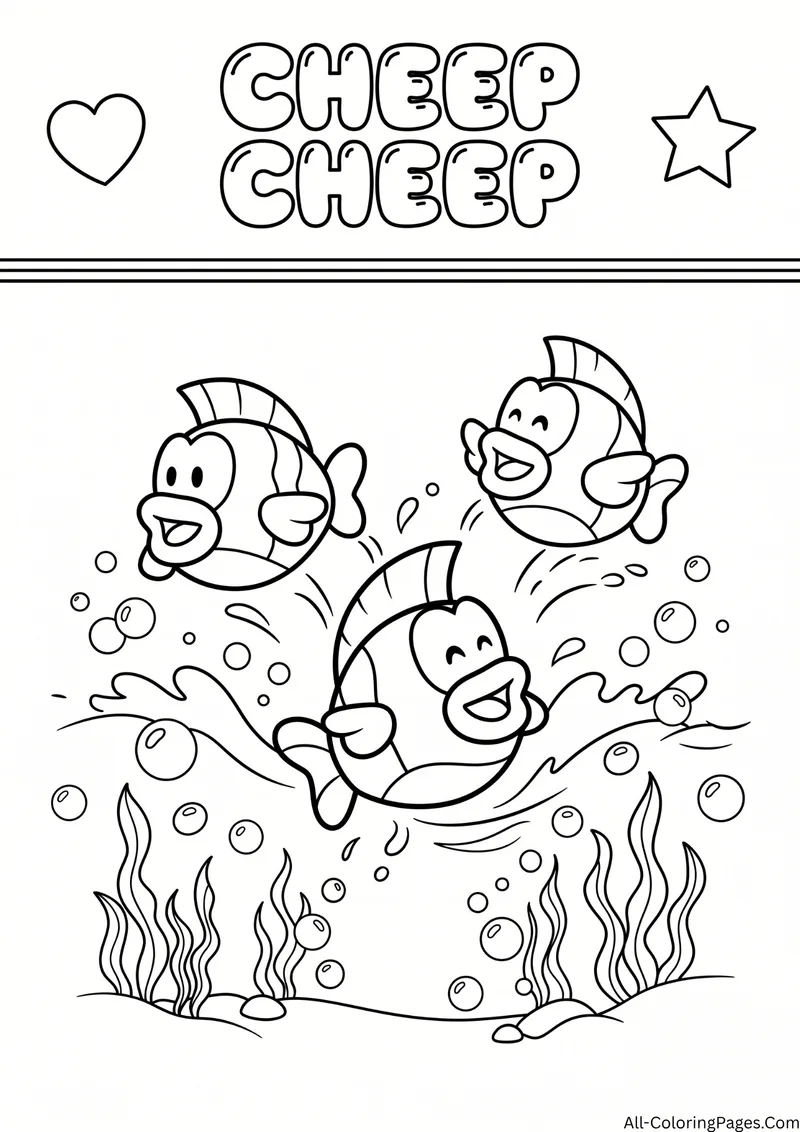 Three Cheep Cheep fish jumping through water with bubbles and seaweed, with the title Cheep Cheep