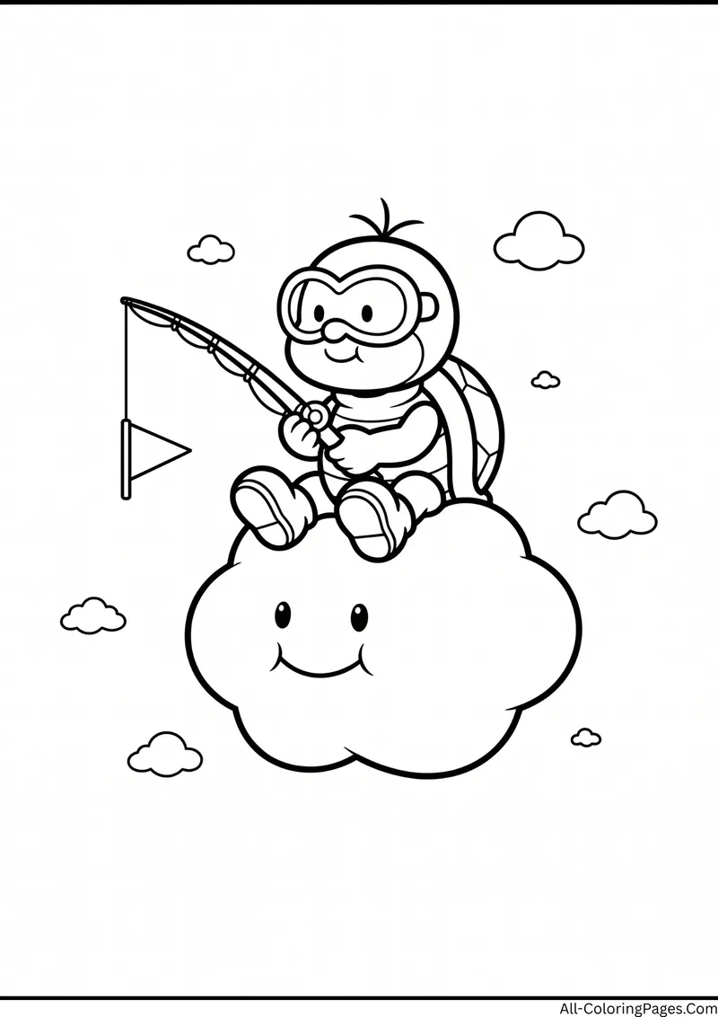 Lakitu riding a smiling cloud while holding a fishing rod with a flag
