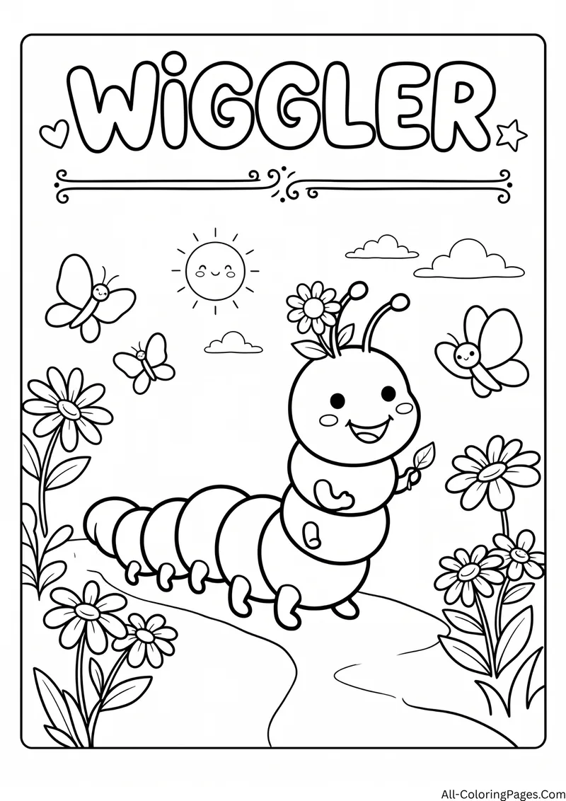 Wiggler with a flower on its head crawling along a path among flowers and butterflies, with the title Wiggler
