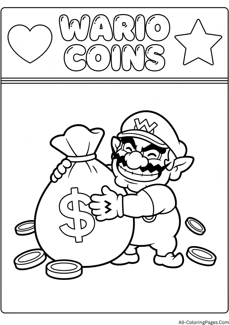 Wario hugging a big money bag with coins around him, with the title Wario Coins