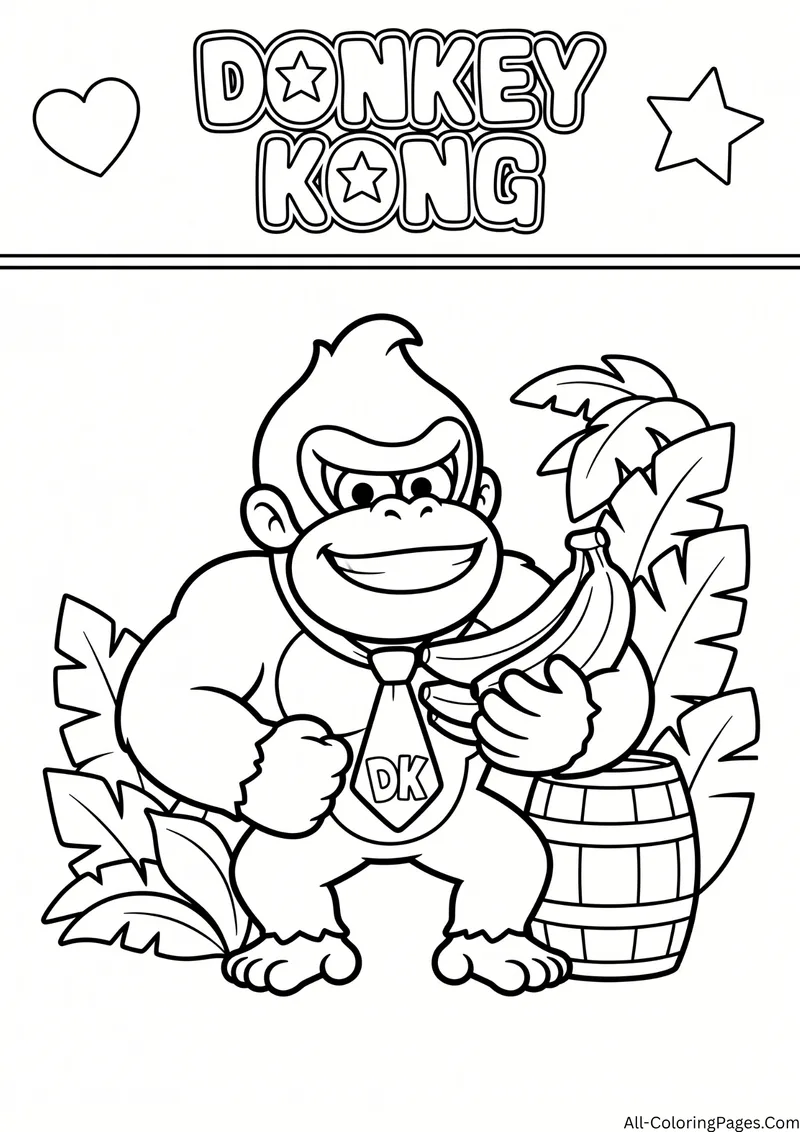 Donkey Kong holding bananas beside a wooden barrel among jungle leaves, with the title Donkey Kong