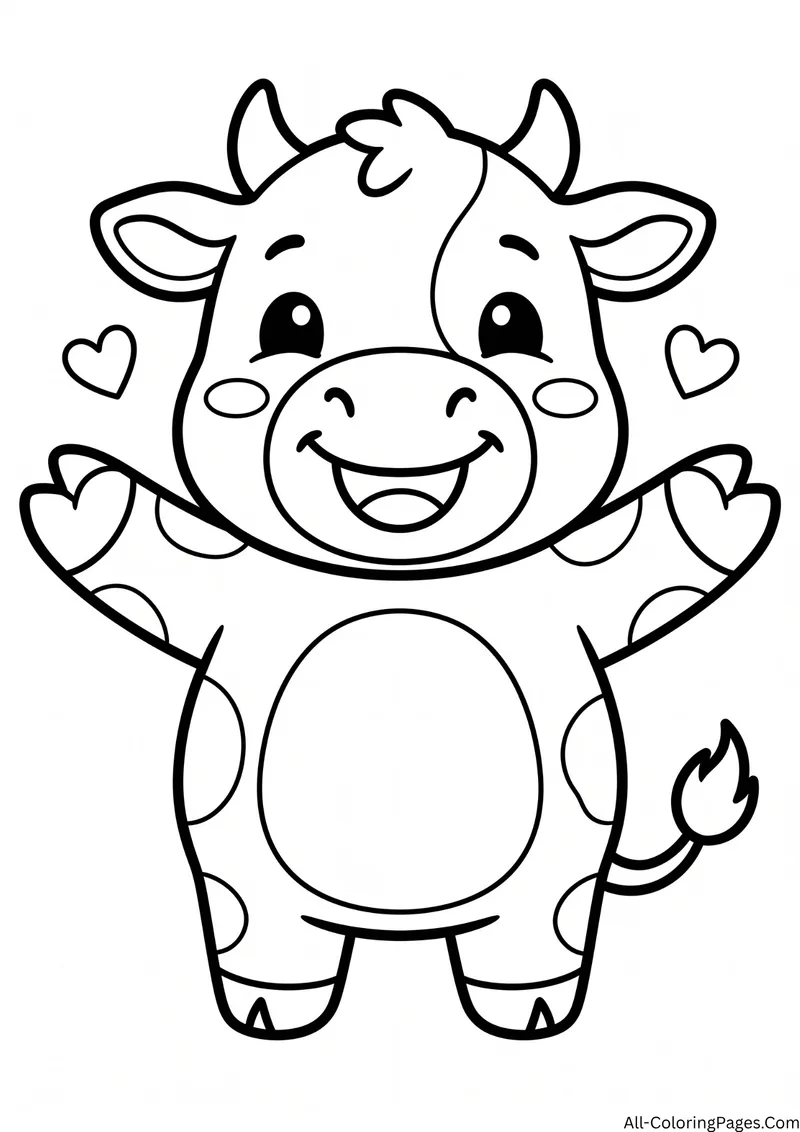 Large smiling cartoon cow standing with arms open and hearts around it