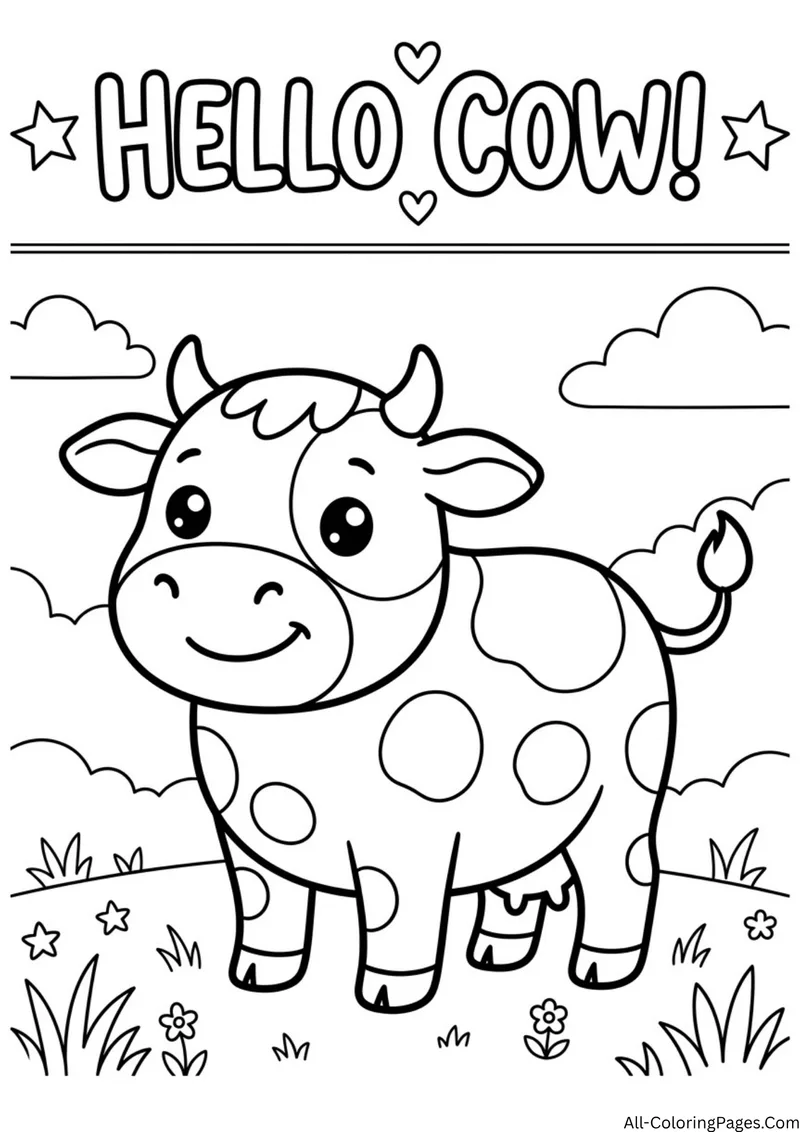 Smiling spotted cow standing in a meadow with clouds and flowers, with the title Hello Cow