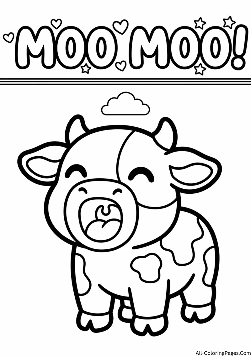 Laughing cow with an open mouth mooing under a small cloud, with the title Moo Moo