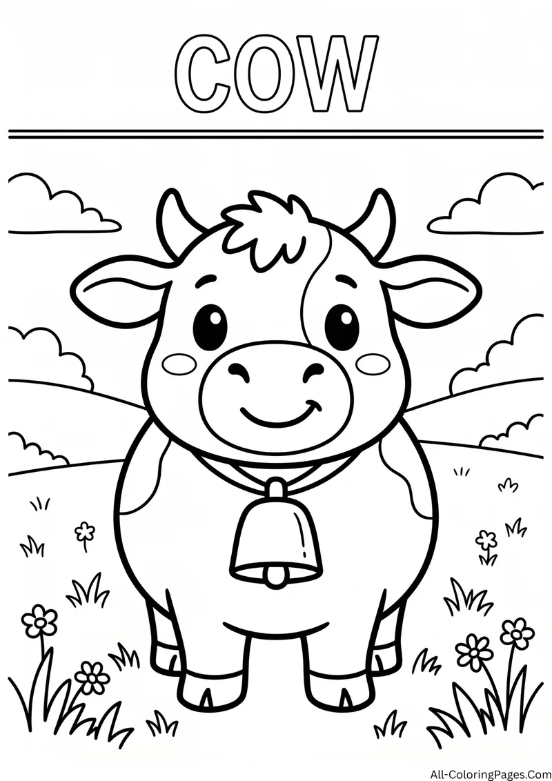 Smiling cow wearing a bell on its collar standing on a grassy hill, with the title Cow