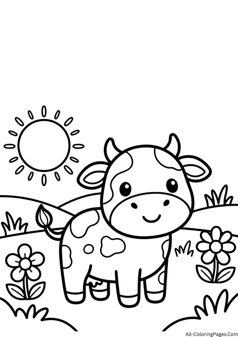 Smiling cow standing in a field with flowers, hills and a sun