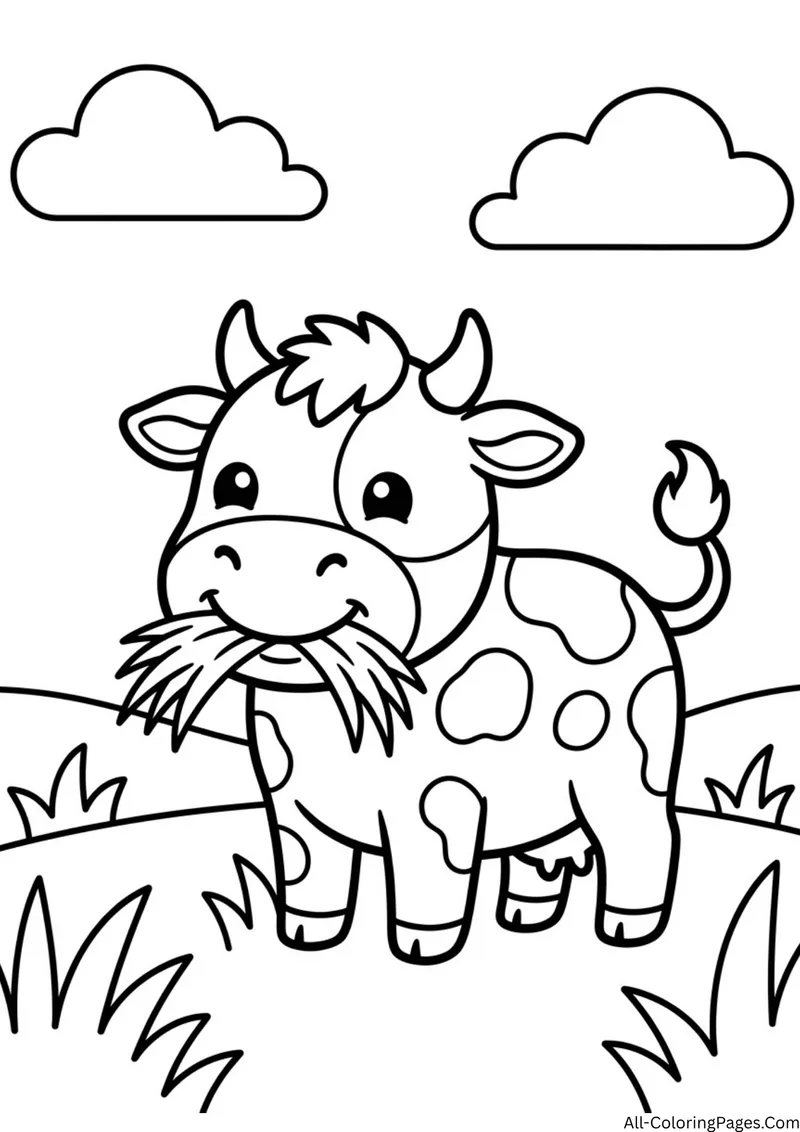 Cow chewing a mouthful of grass on a hill with clouds