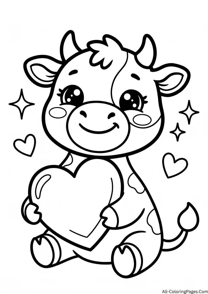 Smiling cow sitting and hugging a big heart with sparkles